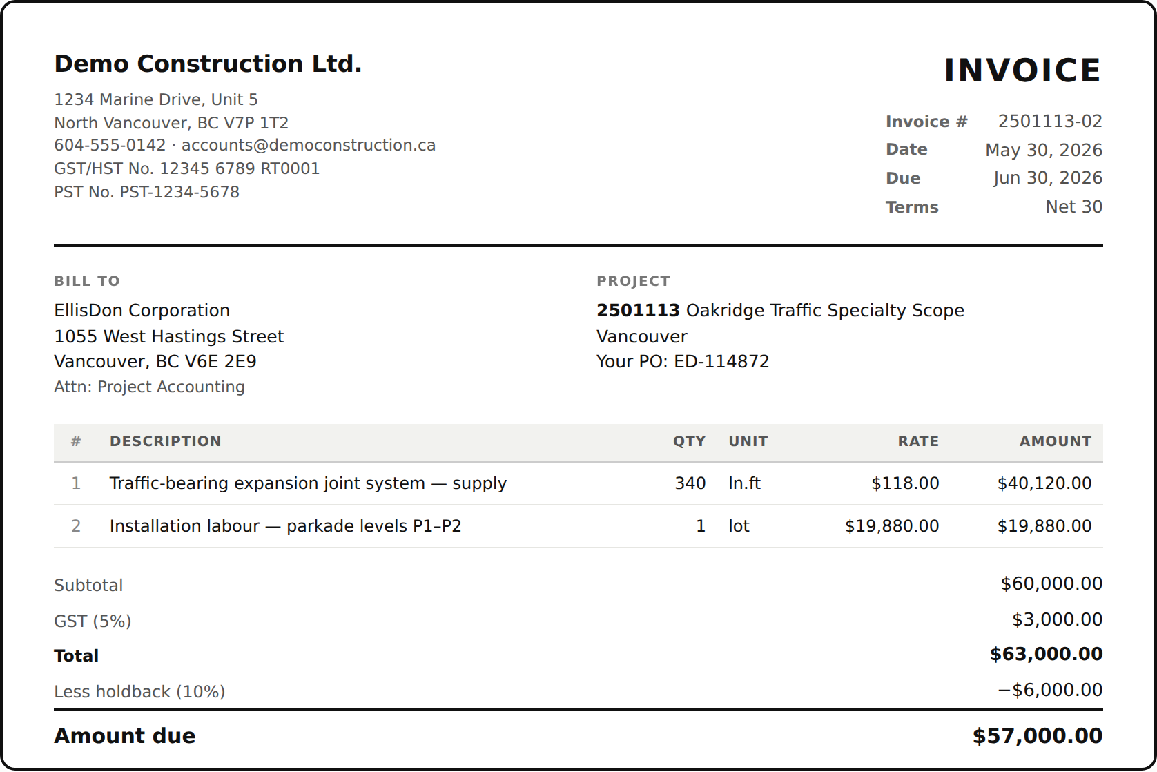 A printable JobSnap invoice with letterhead, line items, GST and holdback deducted